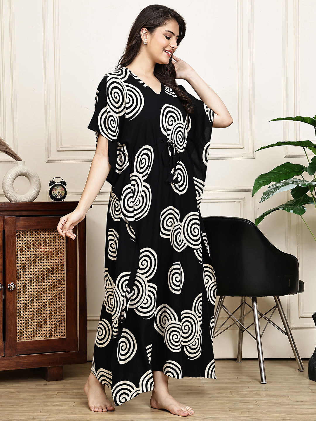 Black Color Abstract Printed Viscose Rayon Kaftan For Women