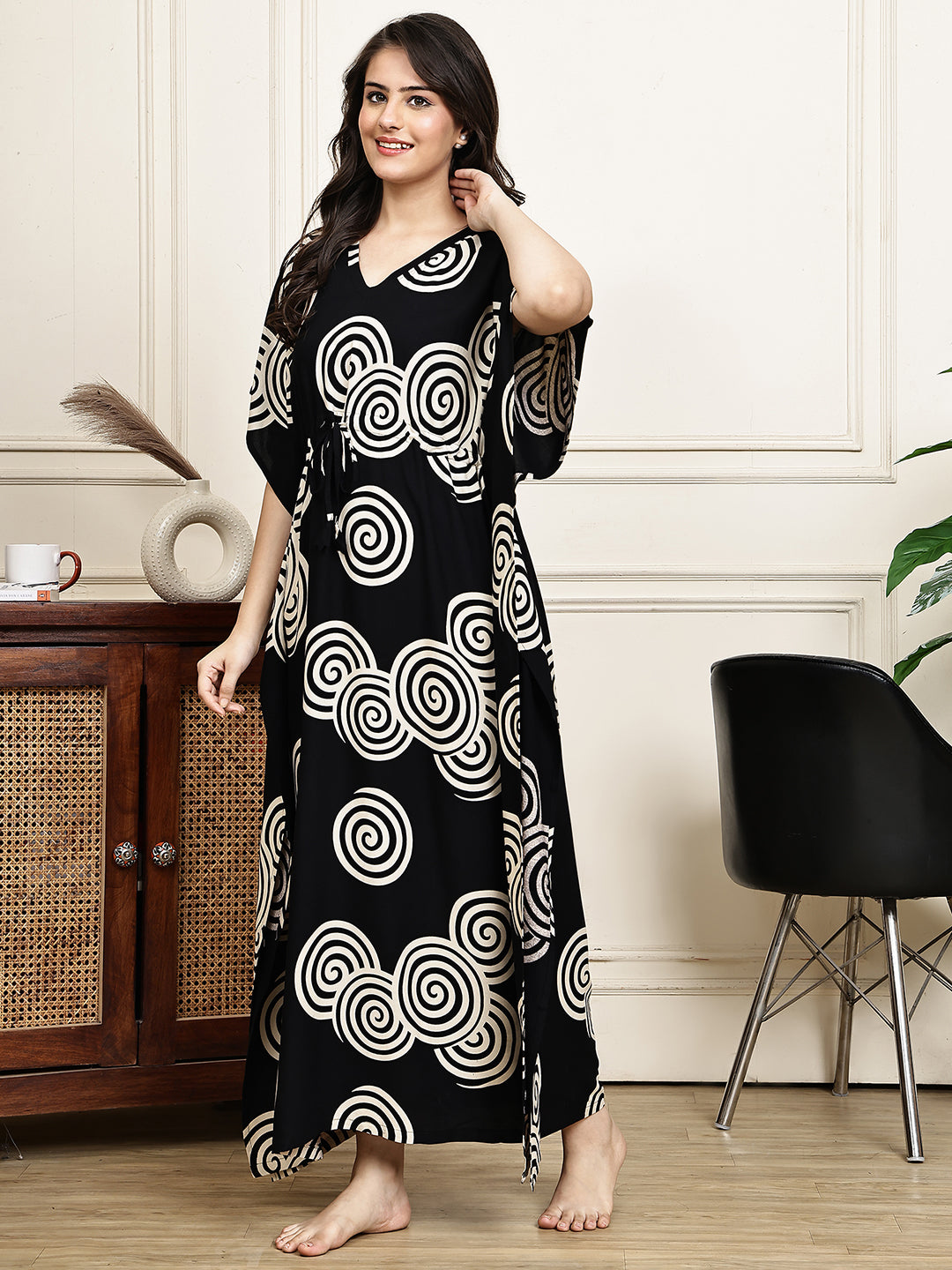 Black Color Abstract Printed Viscose Rayon Kaftan For Women