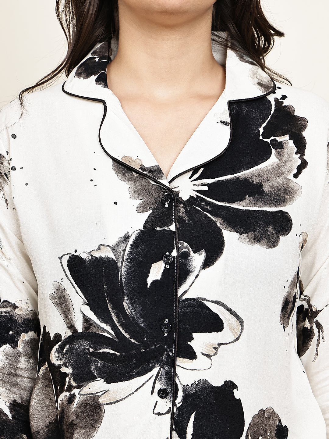 Black Colour Floral Printed Viscose Rayon Night Suit for Women