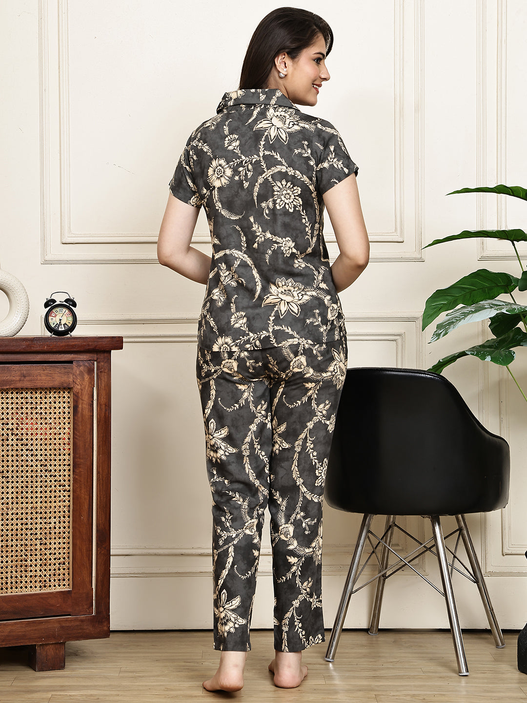 Grey Colour Floral Printed Viscose Rayon Night Suit