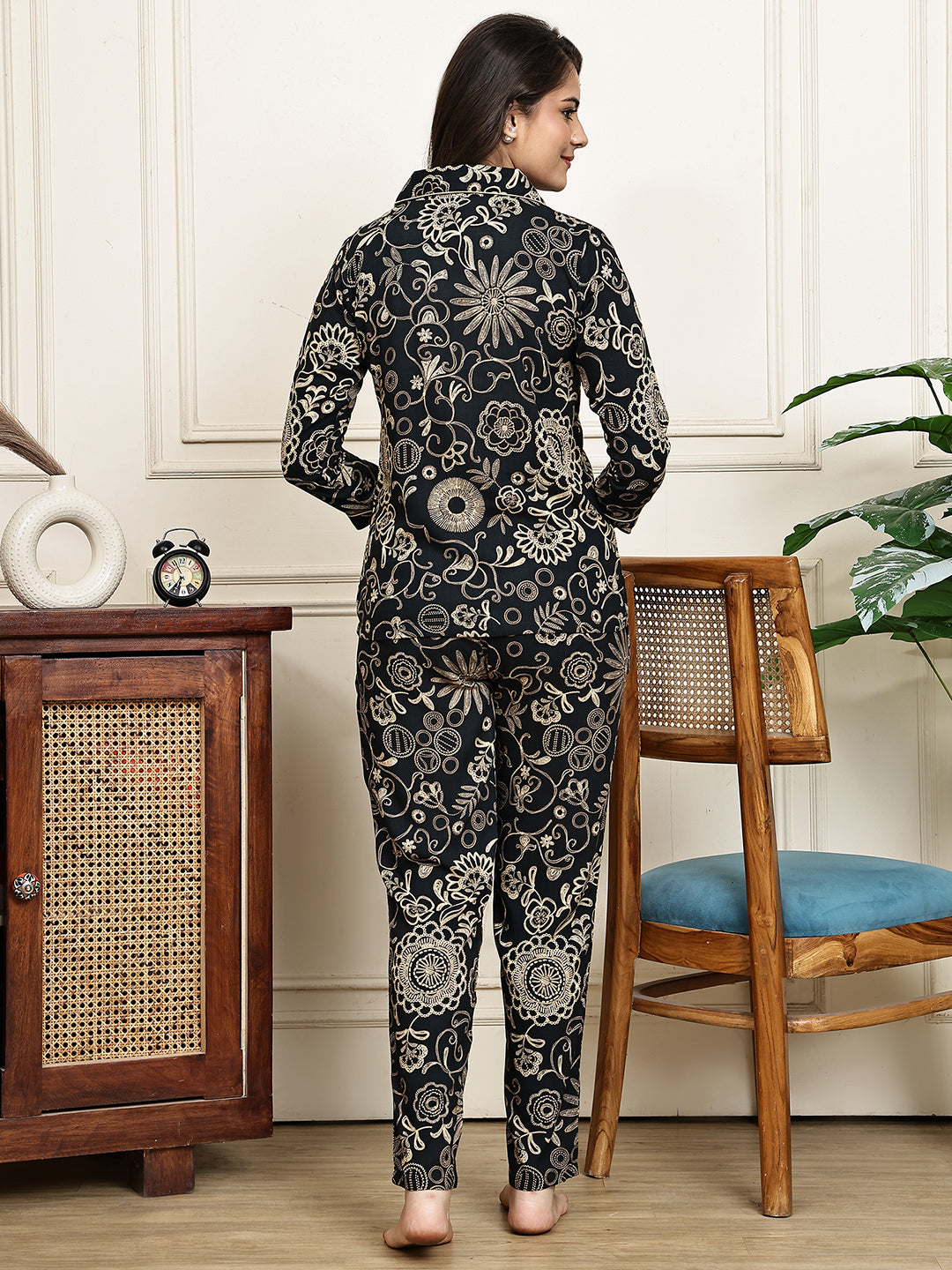 Black Ethnic Motifs Printed Viscose Rayon Night Suit for Women