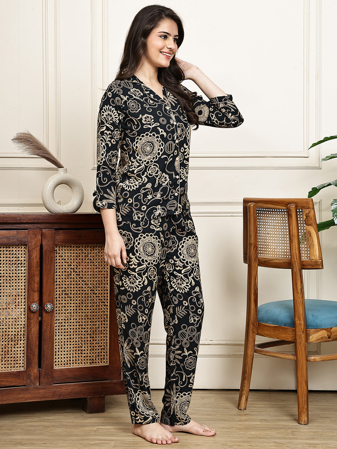 Black Ethnic Motifs Printed Viscose Rayon Night Suit for Women