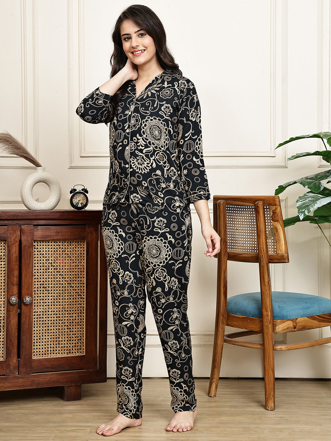 Black Ethnic Motifs Printed Viscose Rayon Night Suit for Women
