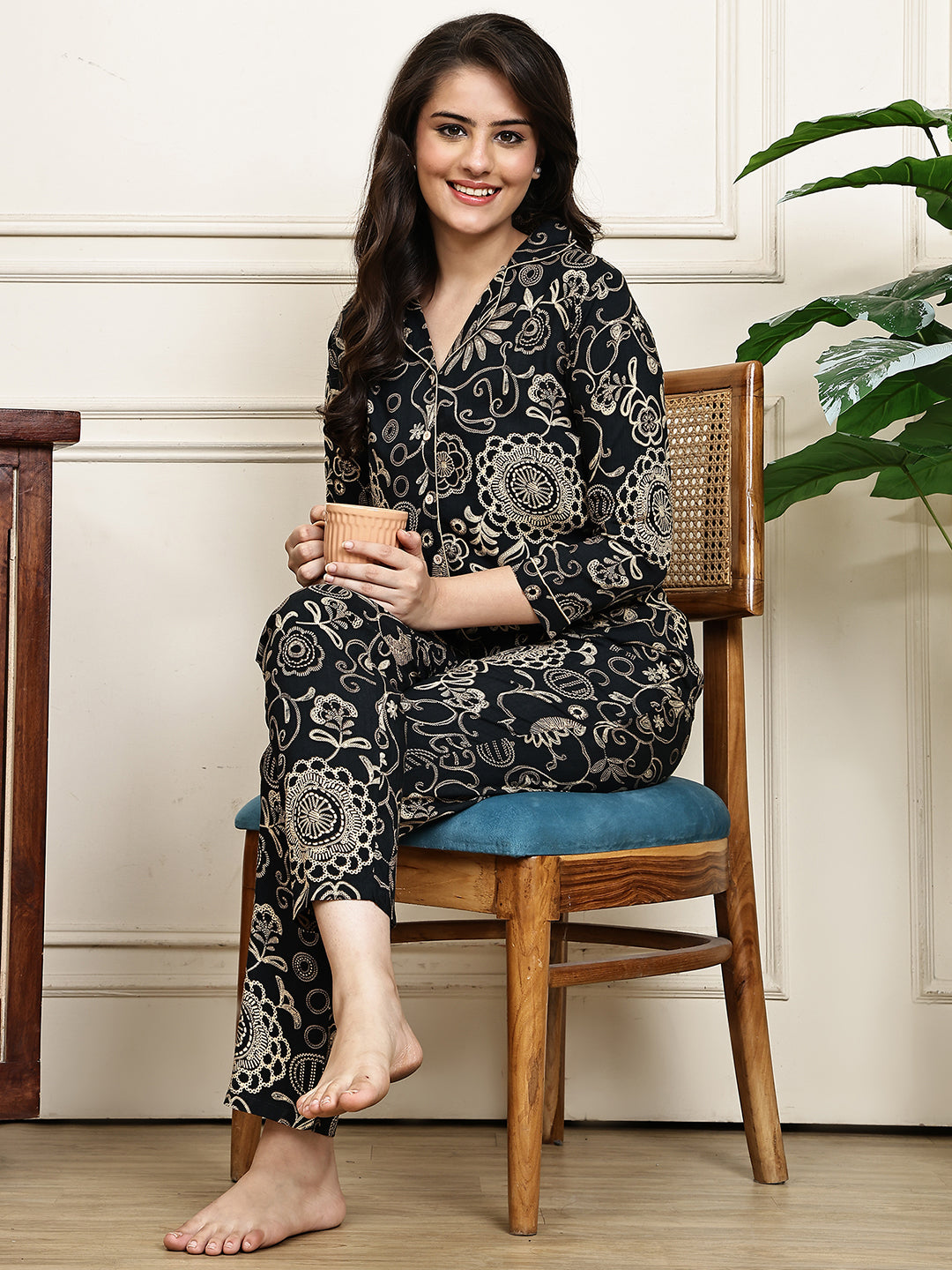 Black Ethnic Motifs Printed Viscose Rayon Night Suit for Women