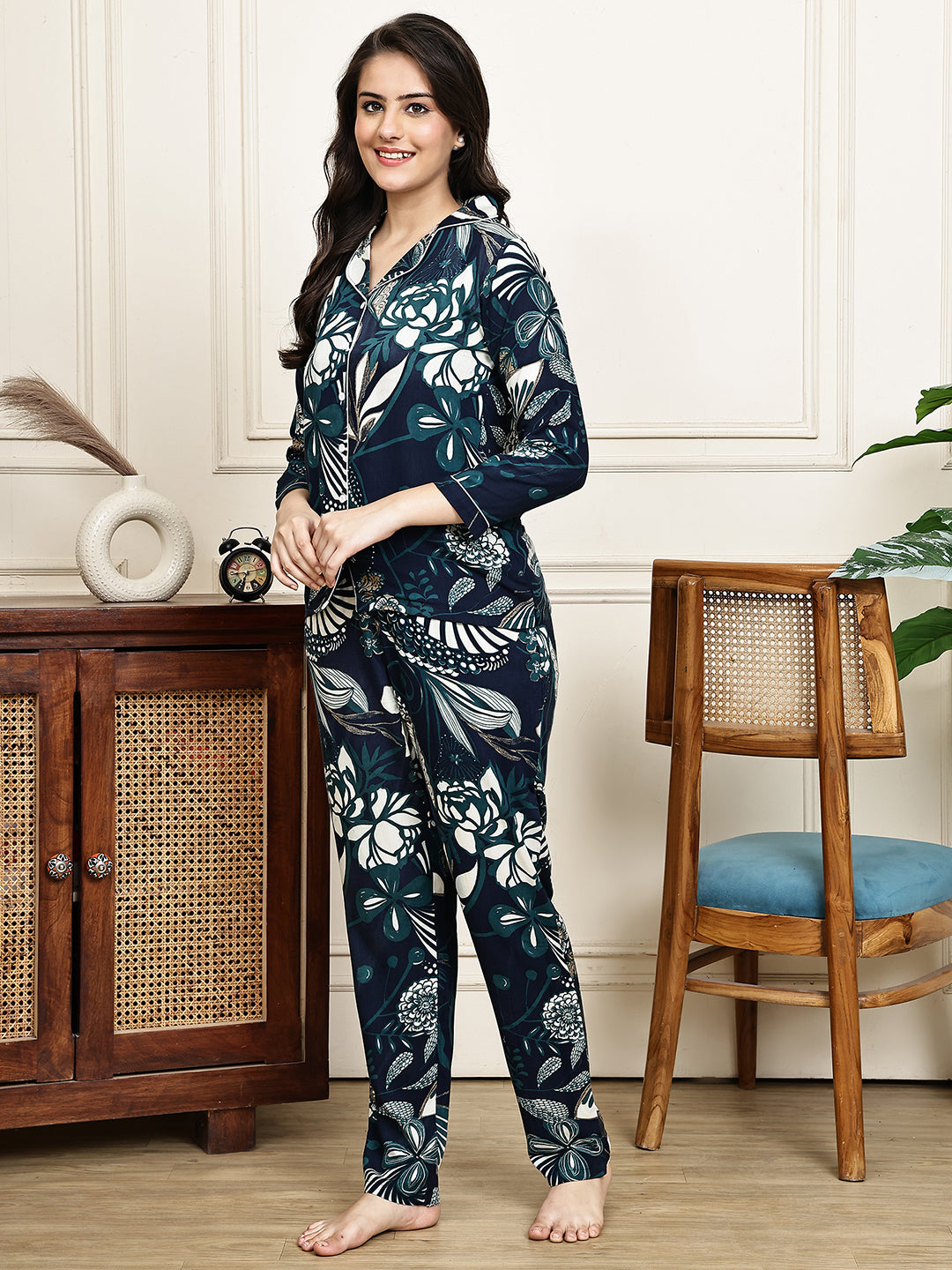 Back view of model in Navy Blue Printed Night Suit