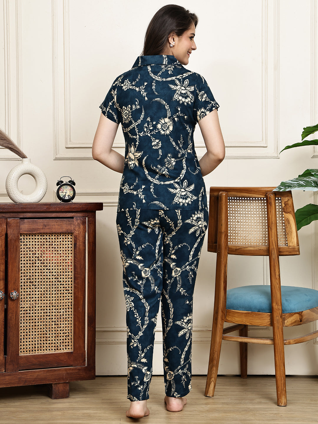 Navy Blue Colour Floral Printed Viscose Rayon Night Suit