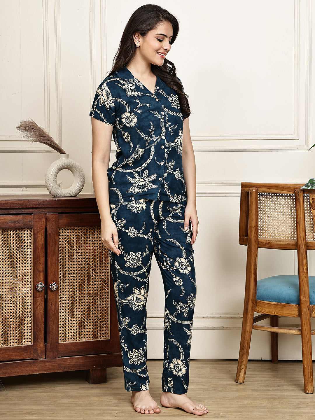 Navy Blue Colour Floral Printed Viscose Rayon Night Suit