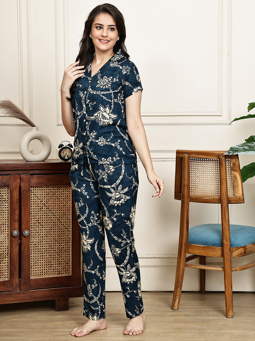 Navy Blue Colour Floral Printed Viscose Rayon Night Suit