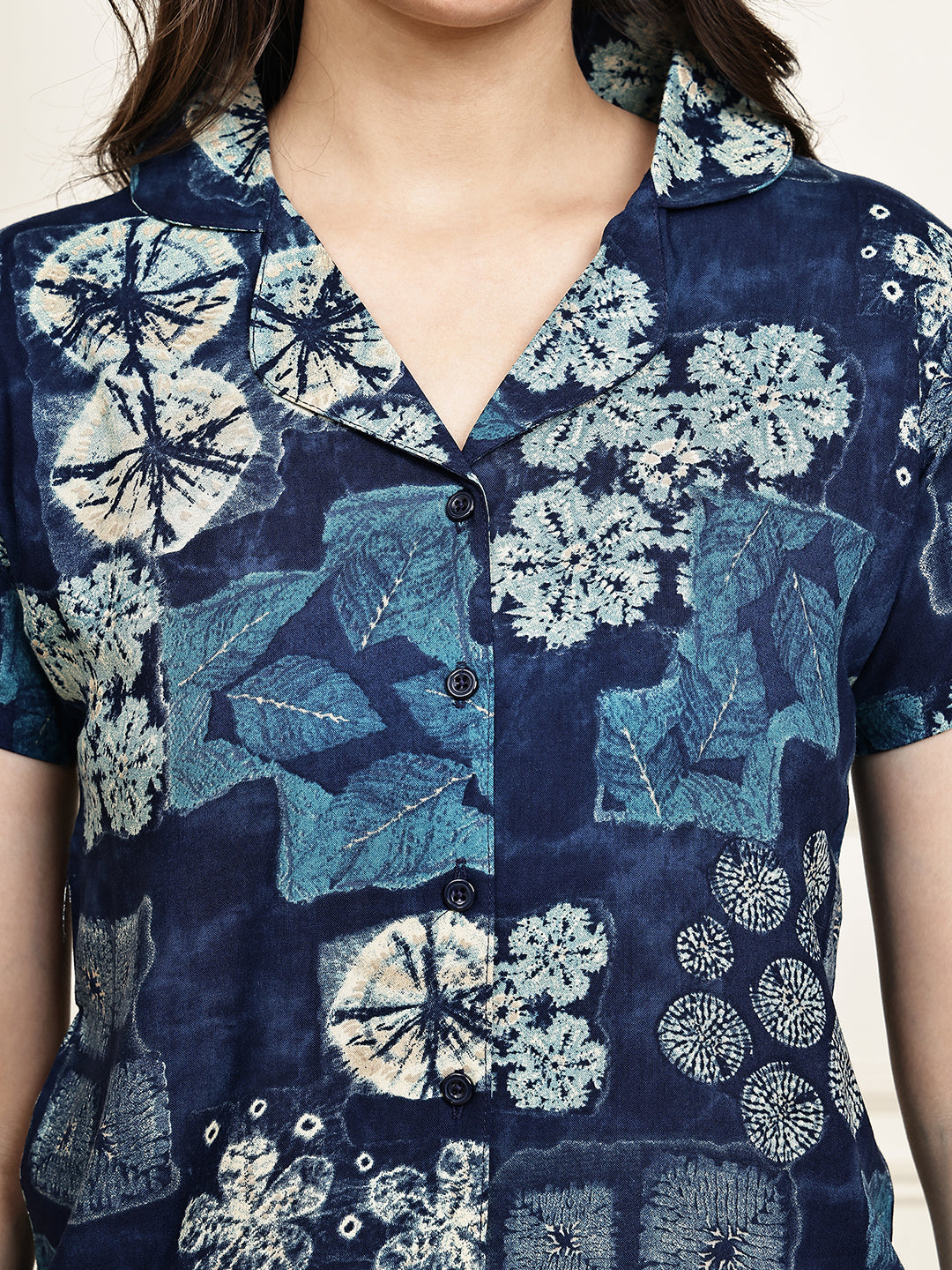 Navy Blue Colour Abstract Printed Viscose Rayon Night Suit for Women