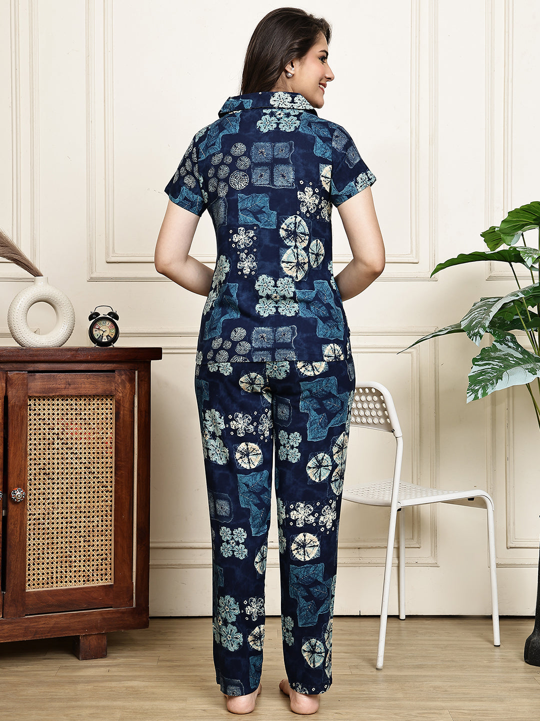Navy Blue Colour Abstract Printed Viscose Rayon Night Suit for Women