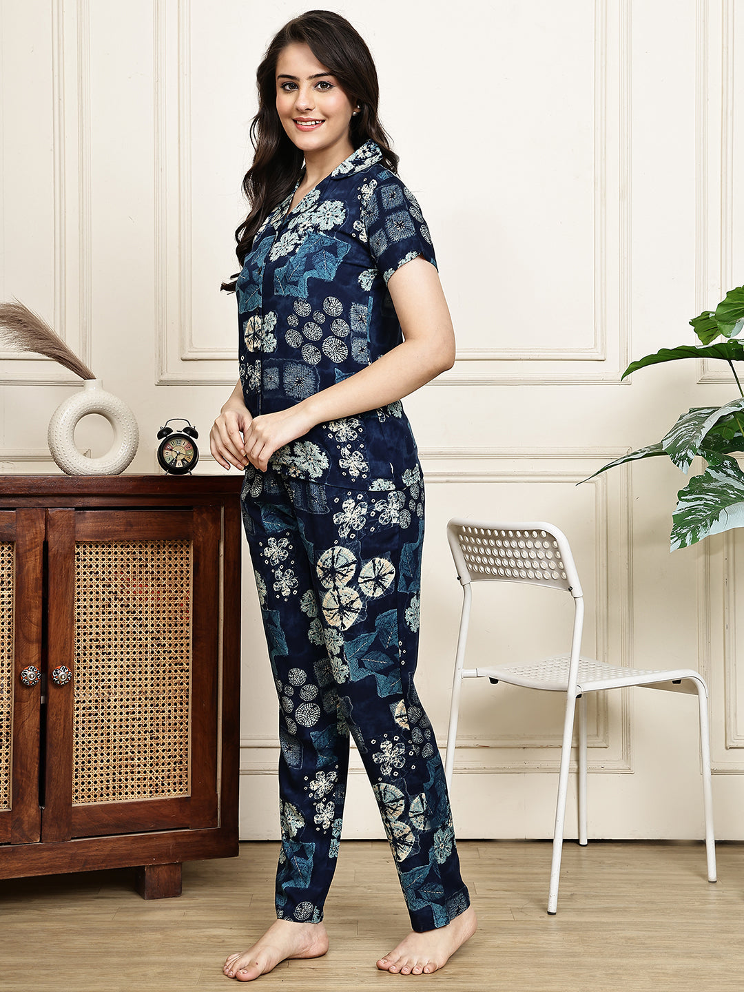 Navy Blue Colour Abstract Printed Viscose Rayon Night Suit for Women