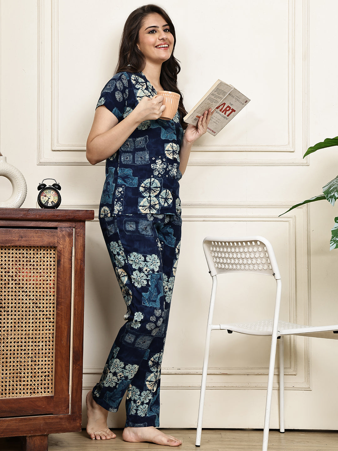 Navy Blue Colour Abstract Printed Viscose Rayon Night Suit for Women