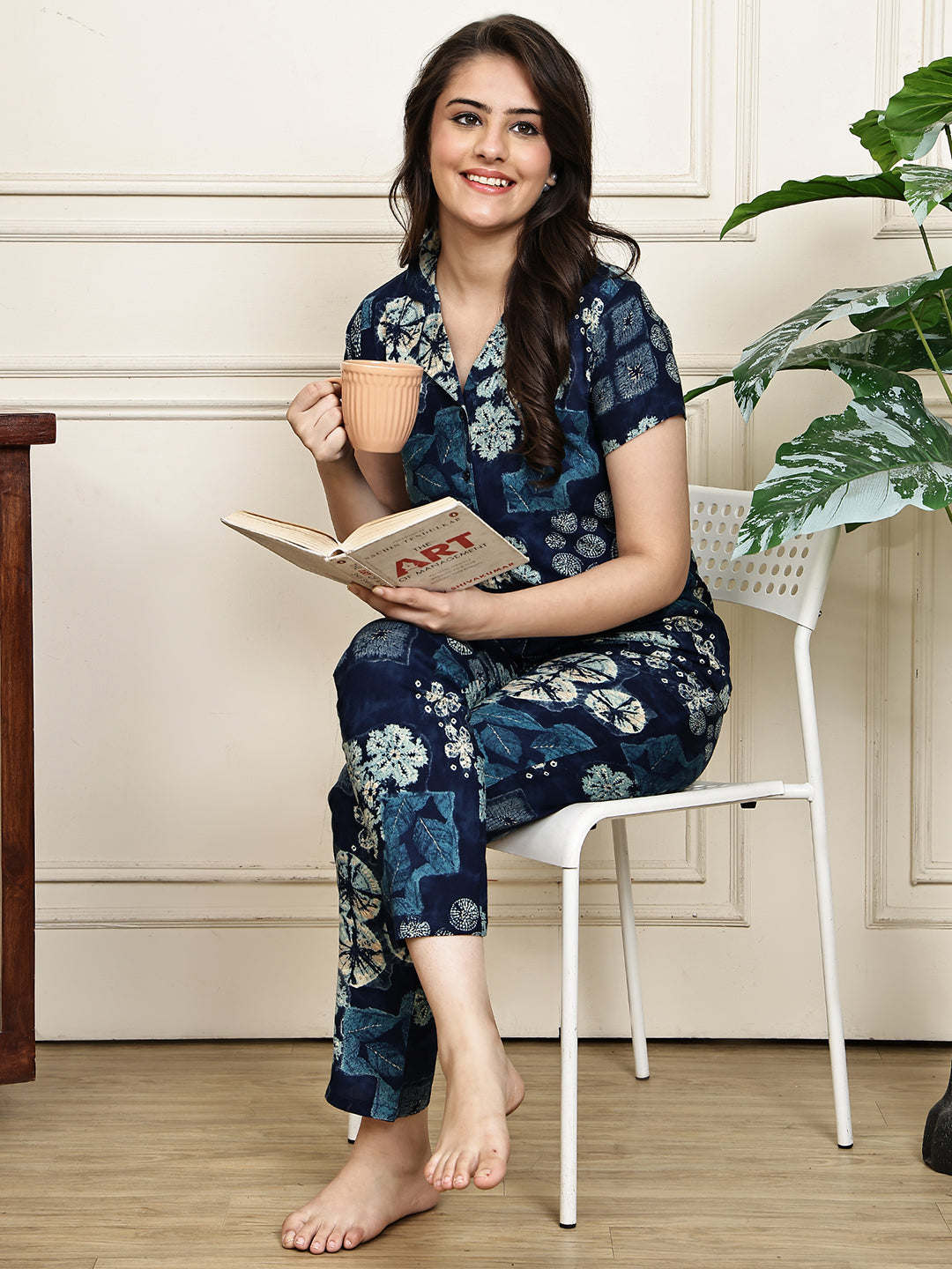 Navy Blue Colour Abstract Printed Viscose Rayon Night Suit for Women