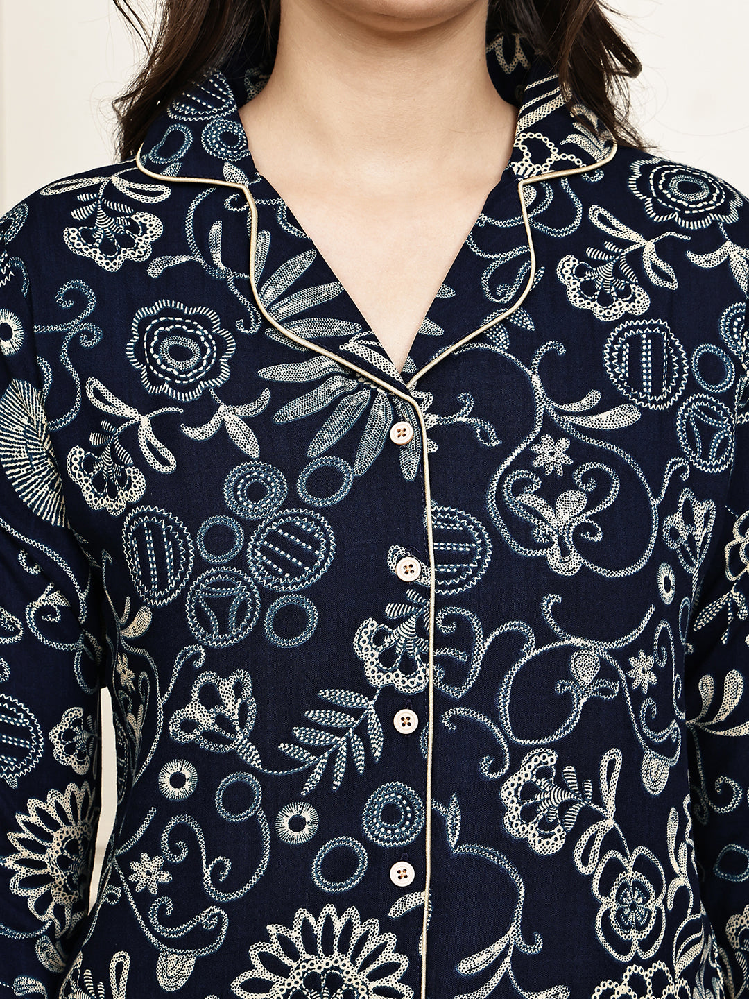 Navy Blue Ethnic Motifs Printed Viscose Rayon Night Suit for Women