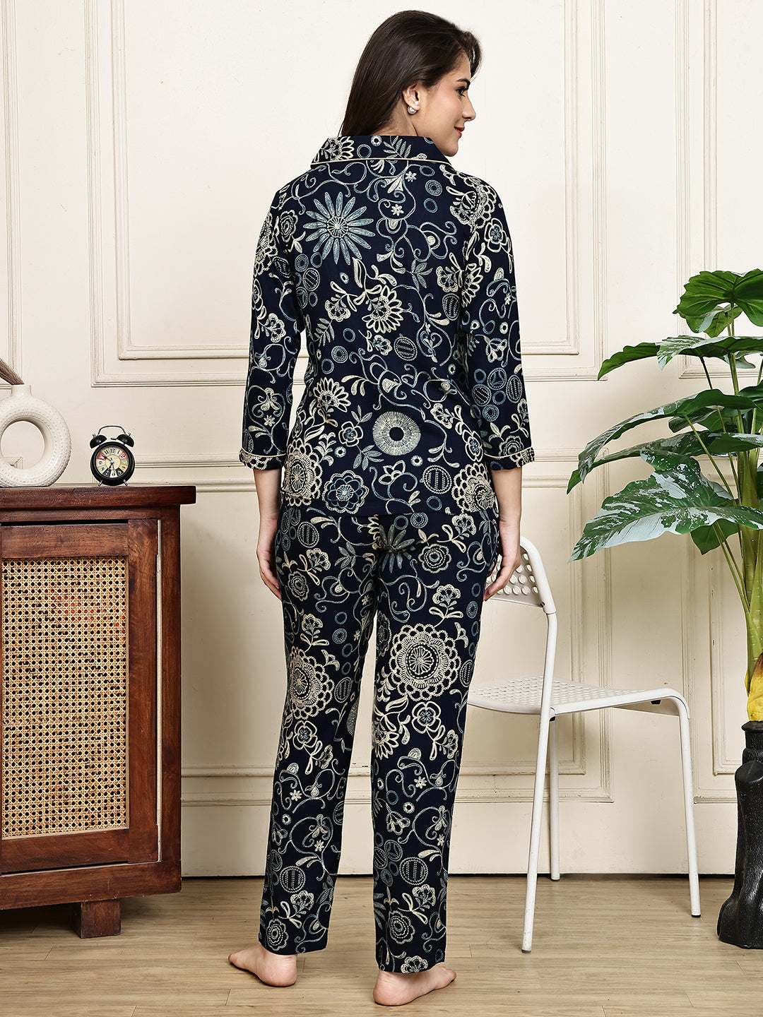 Navy Blue Ethnic Motifs Printed Viscose Rayon Night Suit for Women