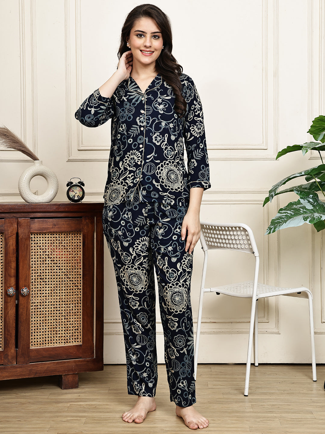 Navy Blue Ethnic Motifs Printed Viscose Rayon Night Suit for Women