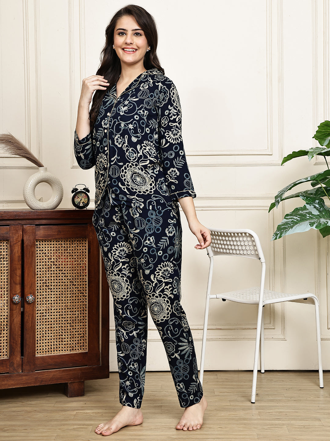Navy Blue Ethnic Motifs Printed Viscose Rayon Night Suit for Women