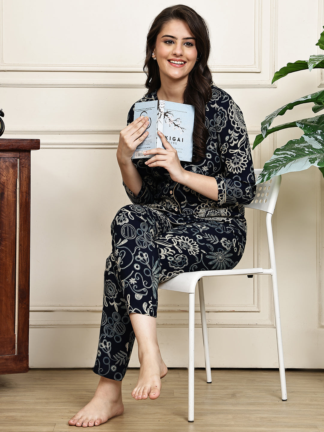Navy Blue Ethnic Motifs Printed Viscose Rayon Night Suit for Women