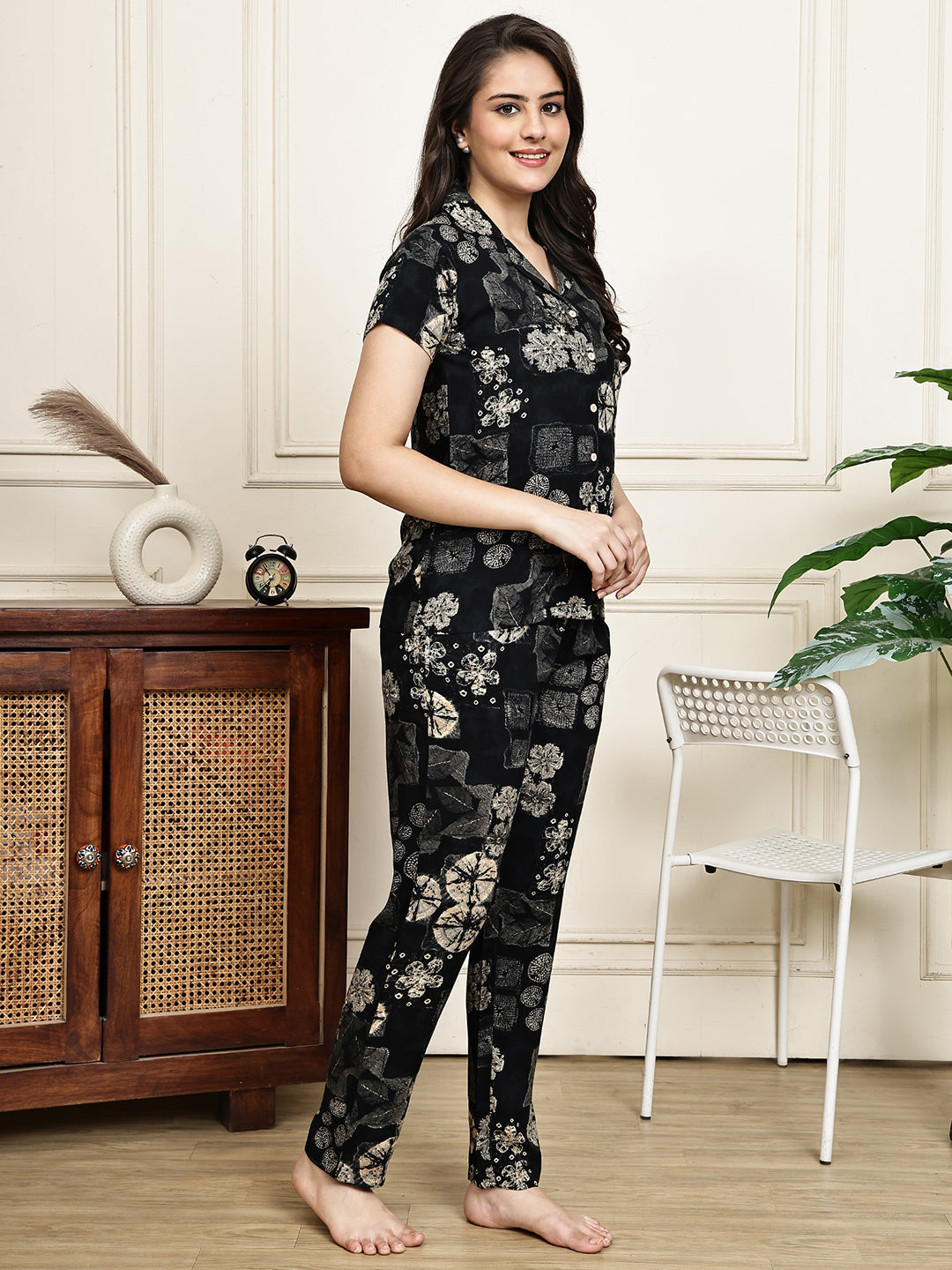 Black Colour Abstract Printed Viscose Rayon Night Suit for Women | Claura