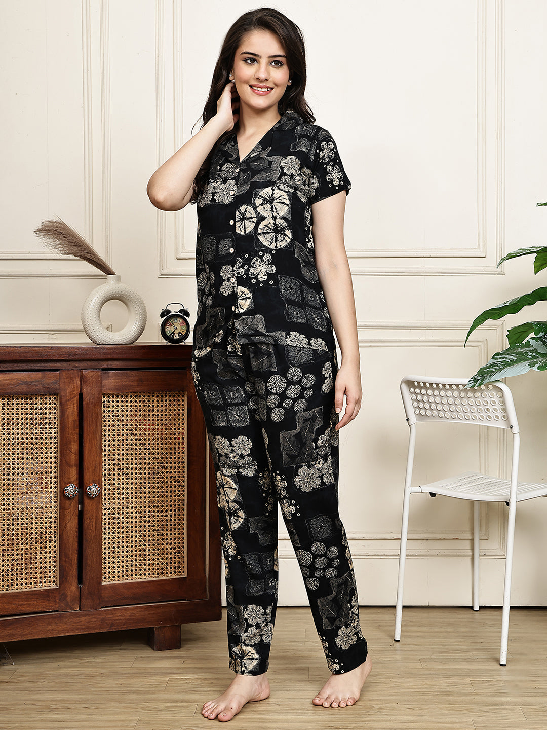 Black Colour Abstract Printed Viscose Rayon Night Suit for Women | Claura