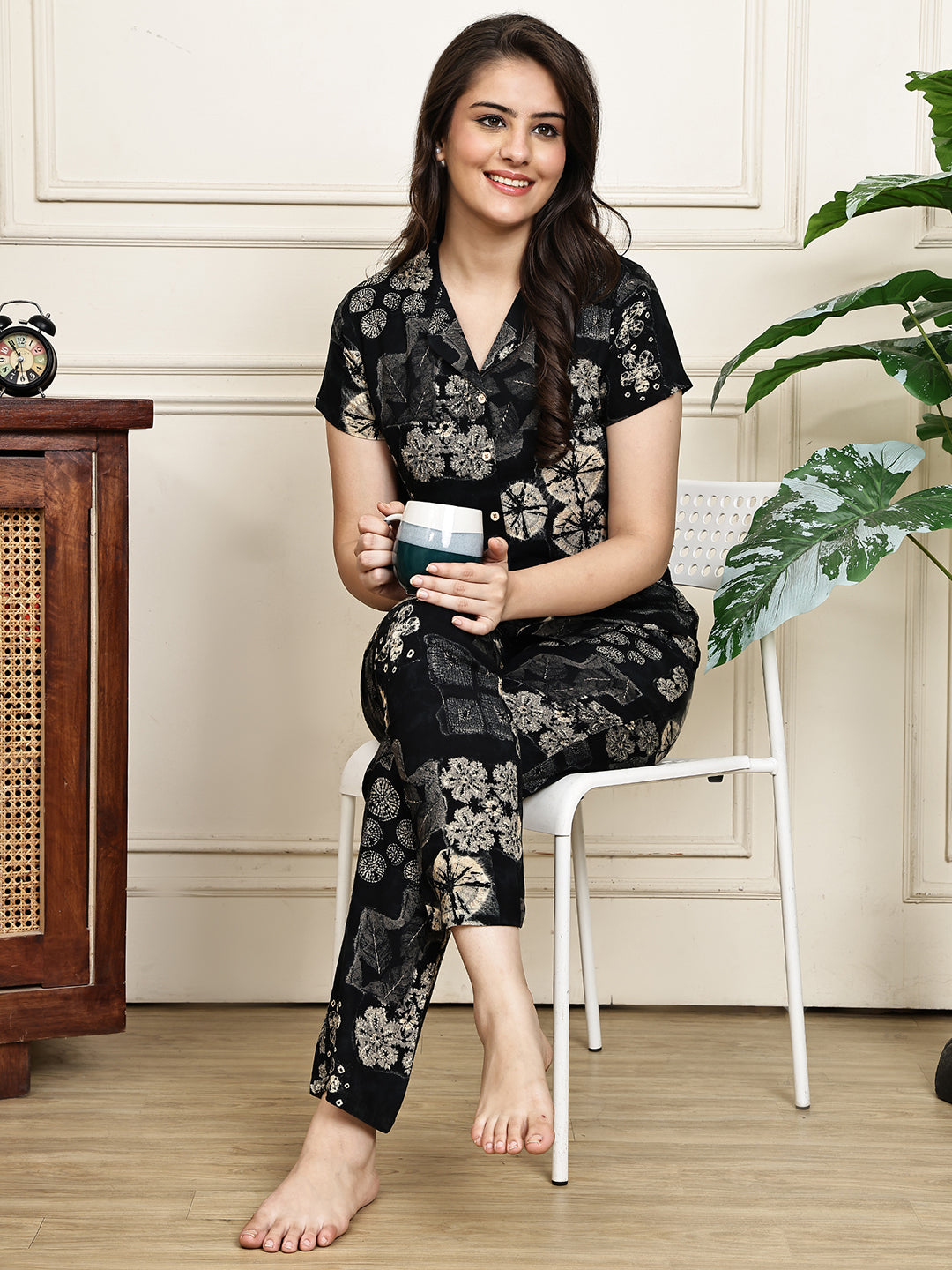 Black Colour Abstract Printed Viscose Rayon Night Suit for Women | Claura
