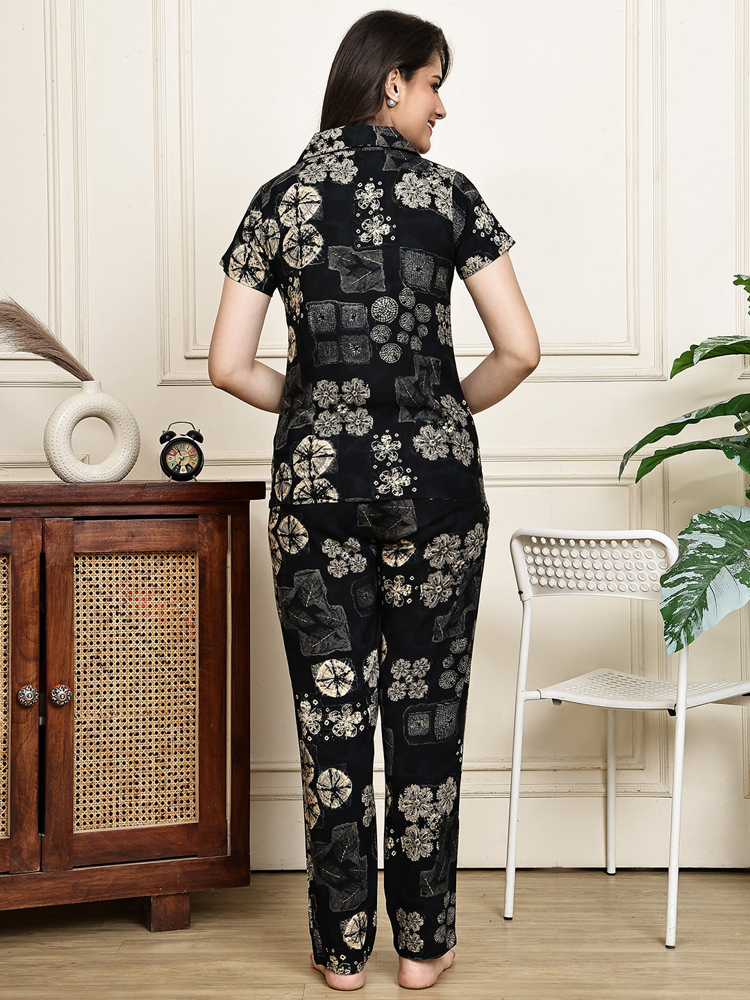 Black Colour Abstract Printed Viscose Rayon Night Suit for Women | Claura