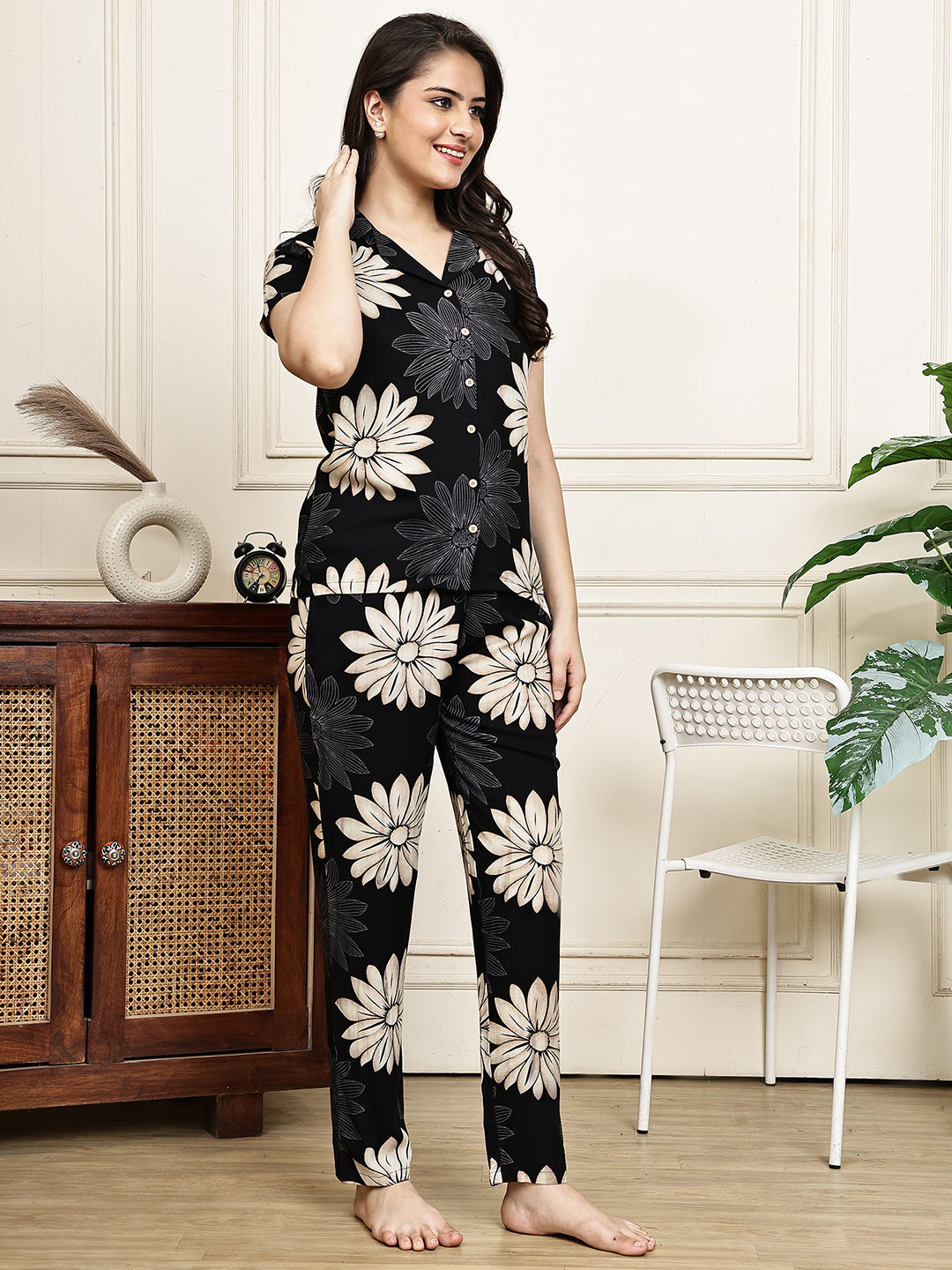 Black Colour Floral Printed Viscose Rayon Night Suit