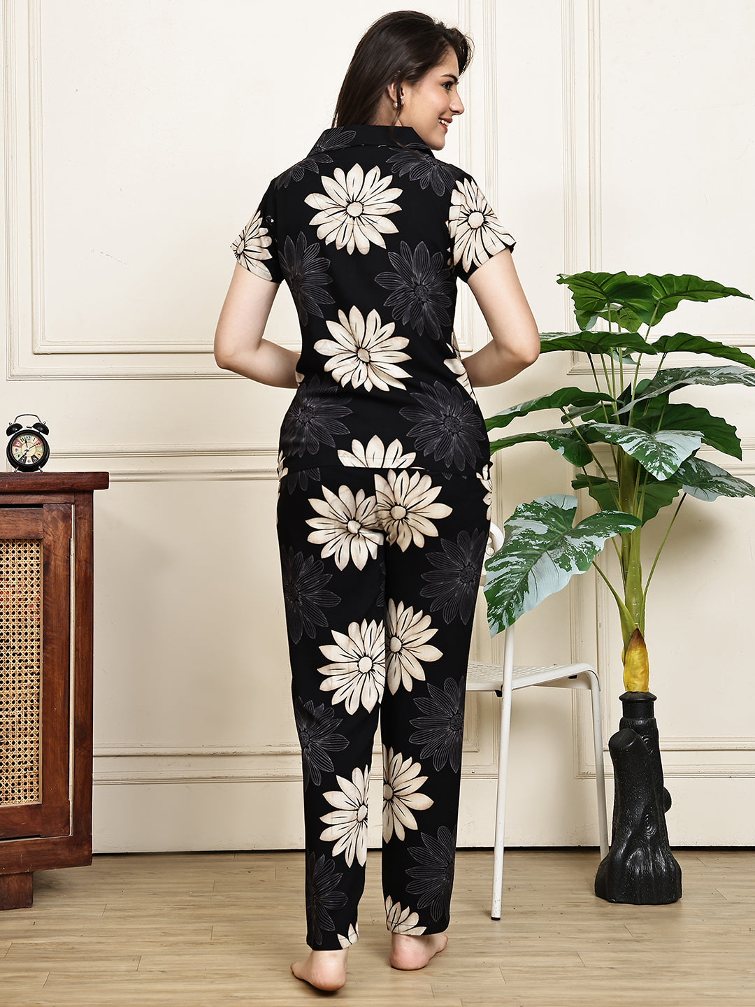 Black Colour Floral Printed Viscose Rayon Night Suit