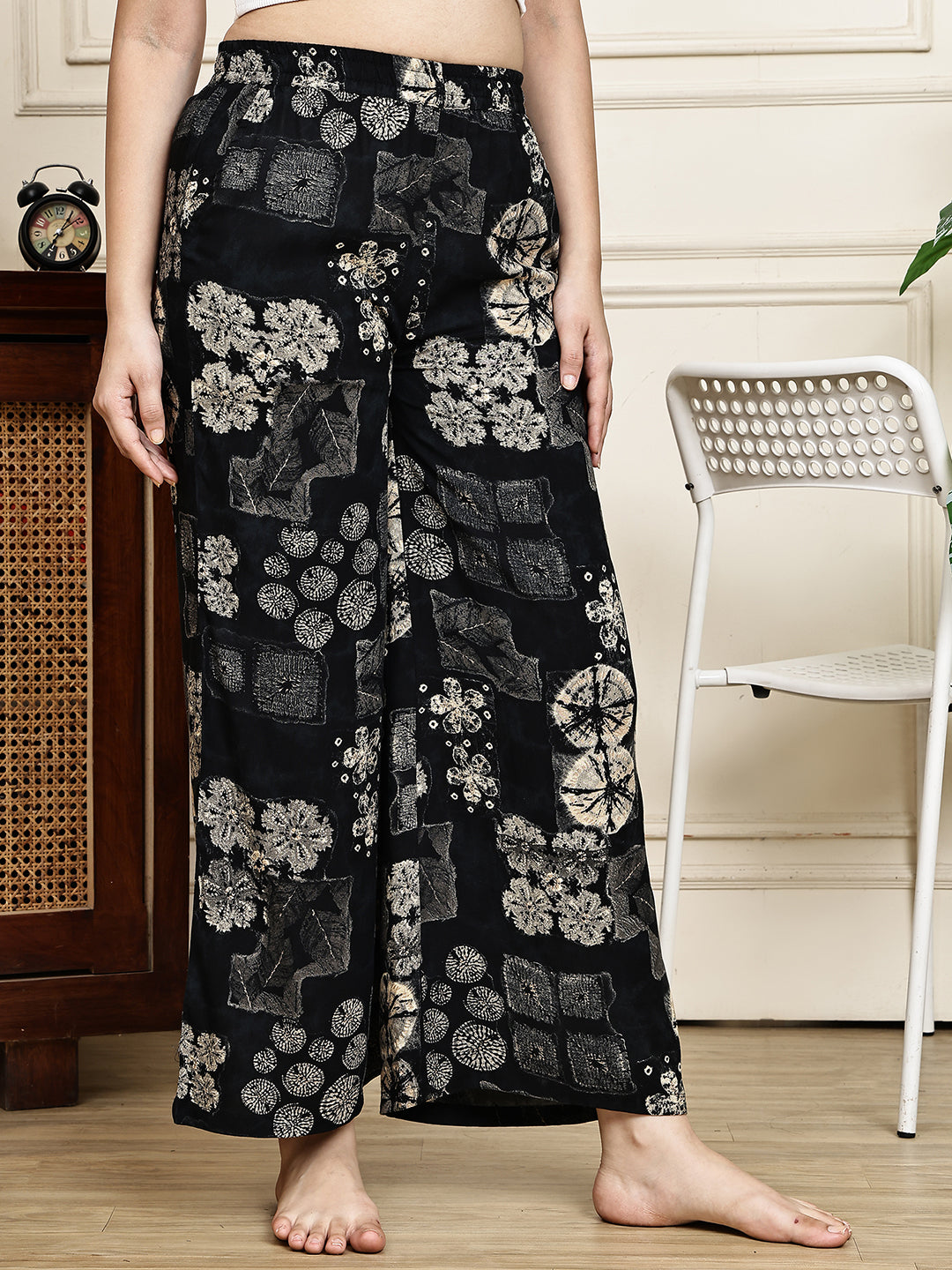 Black Abstract Printed Viscose Rayon Lounge Pants for Women
