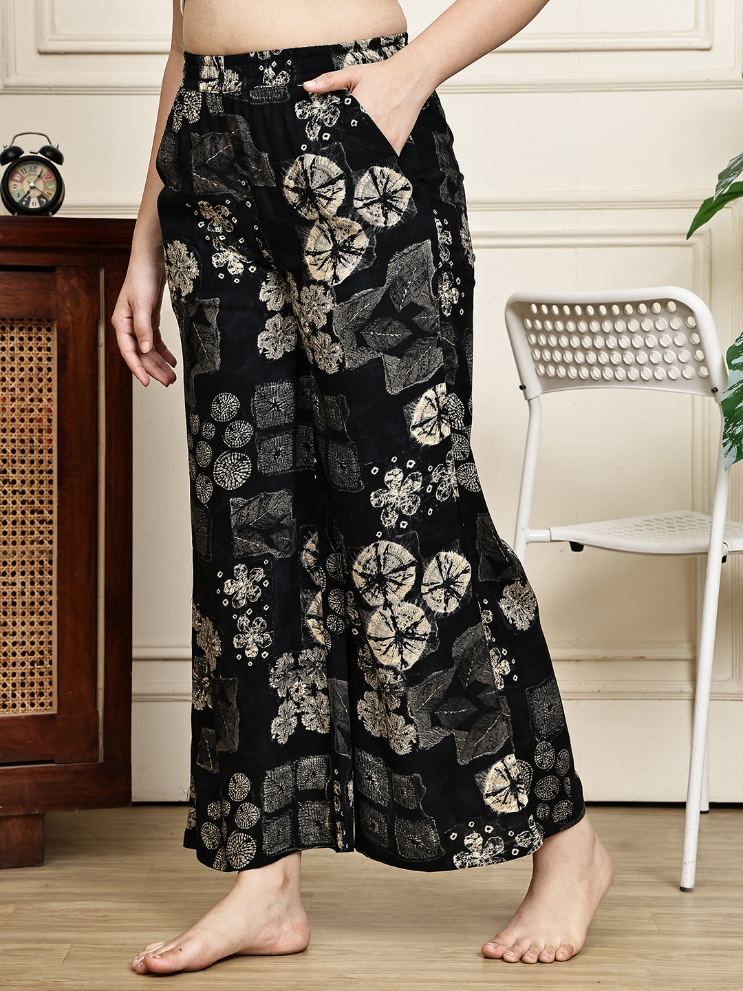 Black Abstract Printed Viscose Rayon Lounge Pants for Women