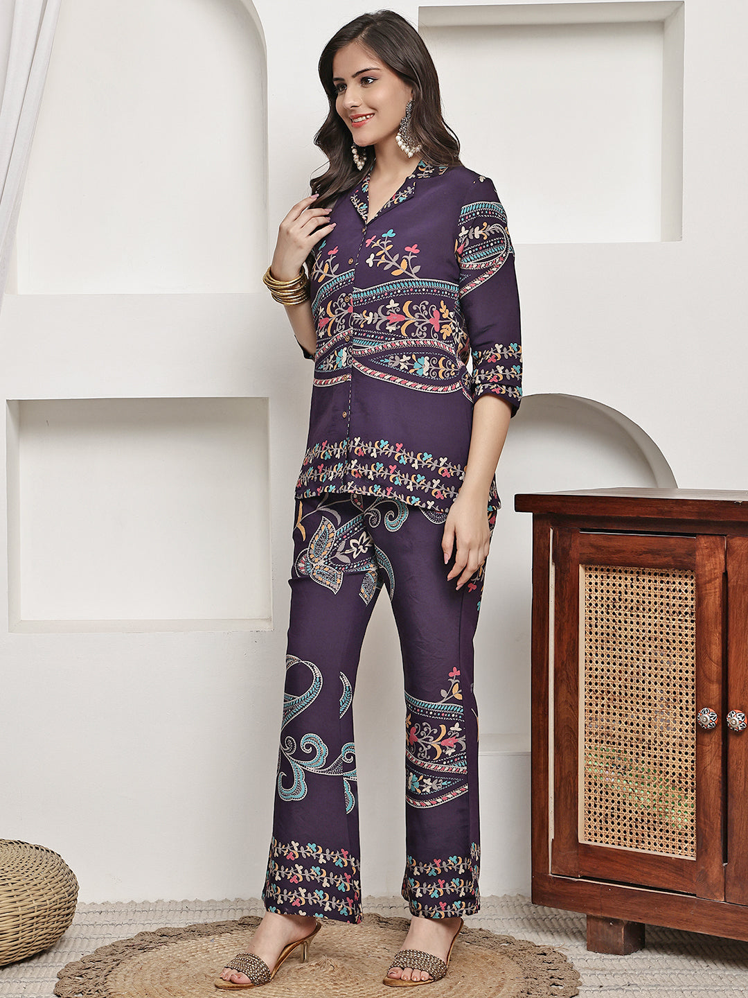 Purple Colour Abstract Printed Premium Chanderi Co-Ord Set for Women