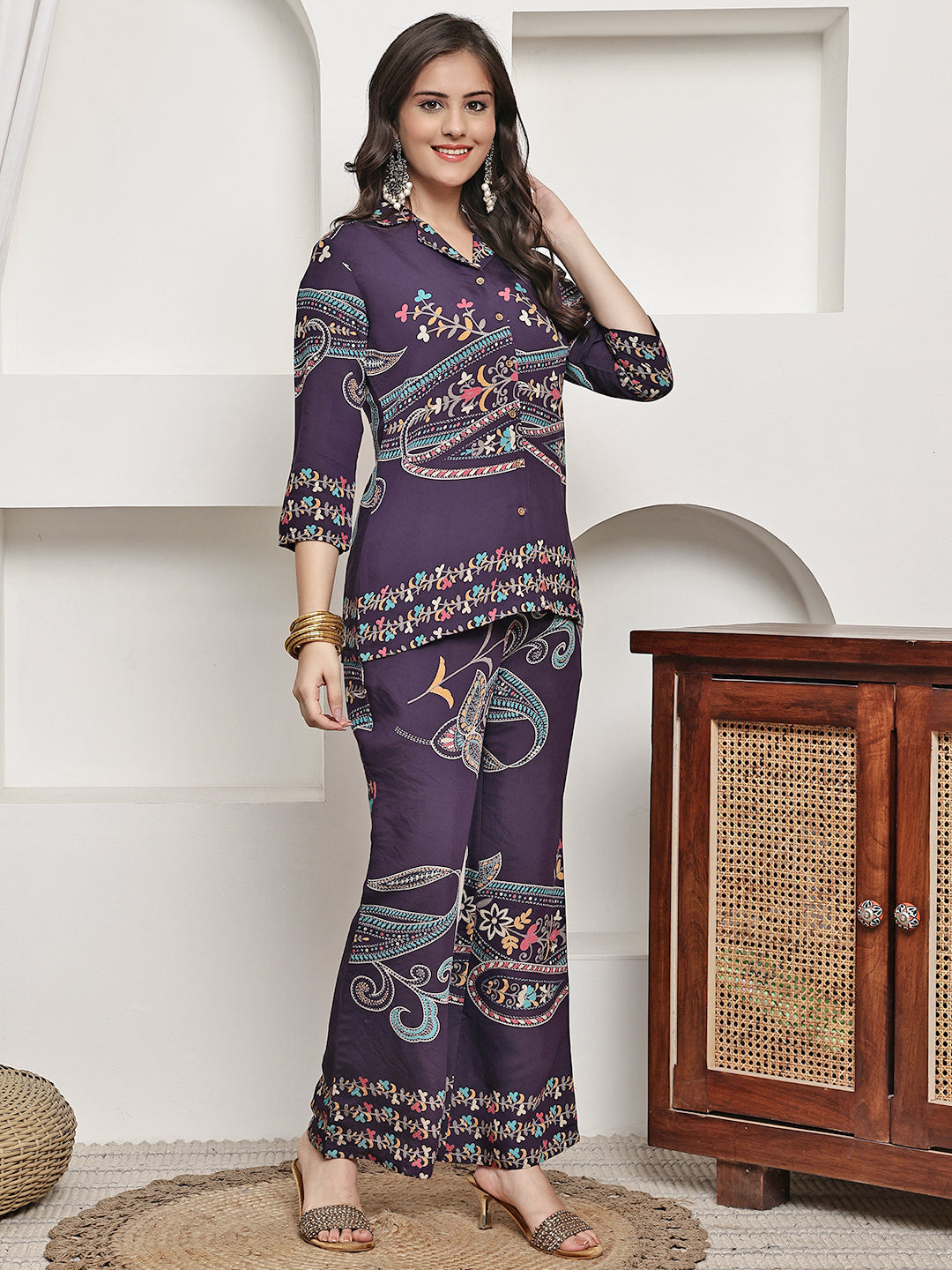 Purple Colour Abstract Printed Premium Chanderi Co-Ord Set for Women