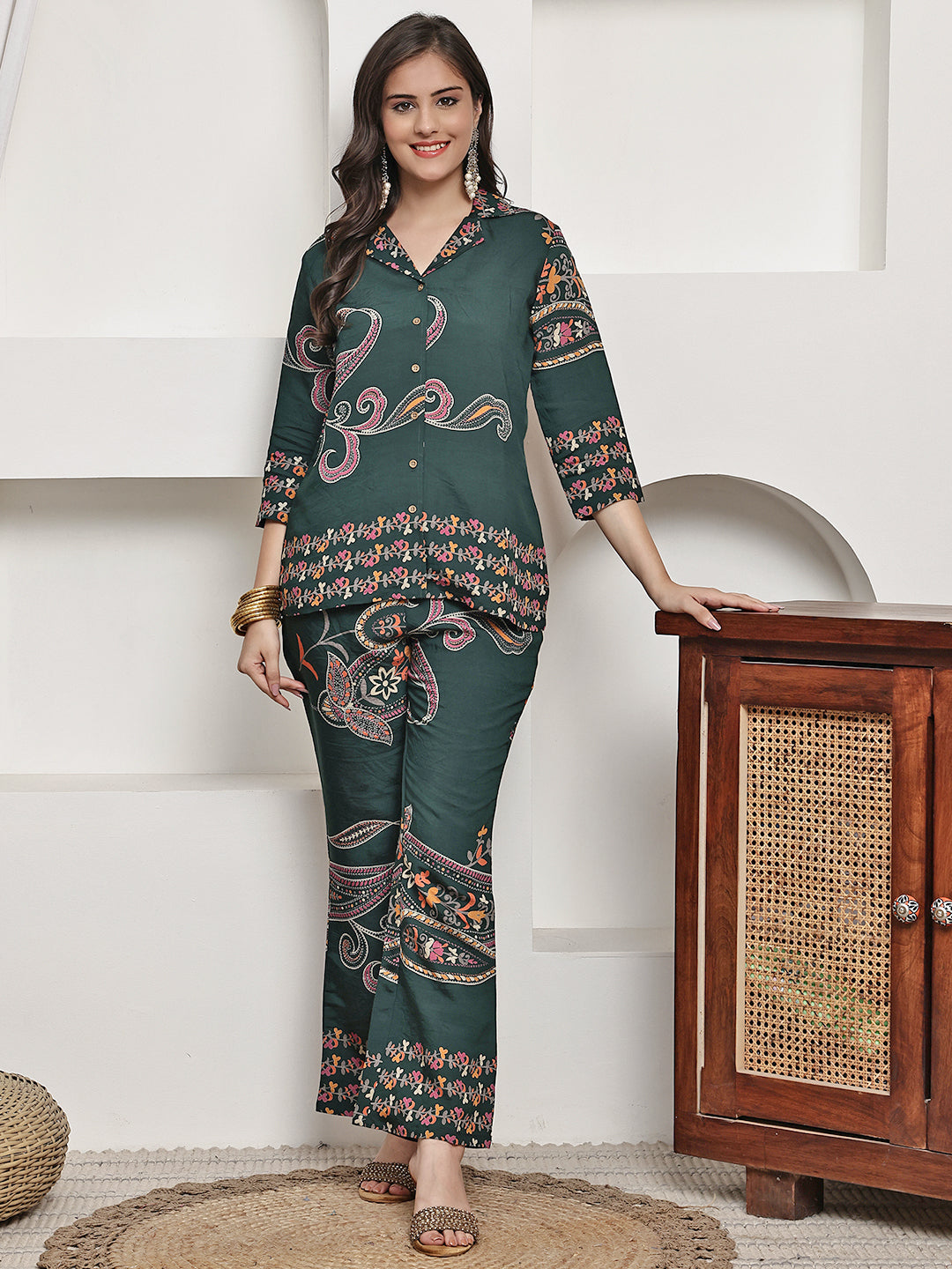 Green Colour Abstract Printed Premium Chanderi Co-Ord Set for Women