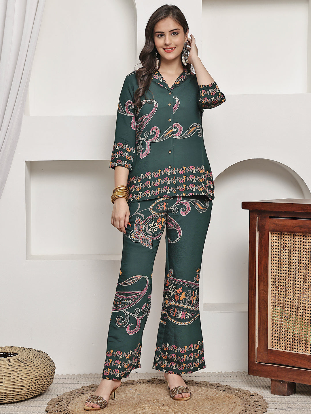 Green Colour Abstract Printed Premium Chanderi Co-Ord Set for Women