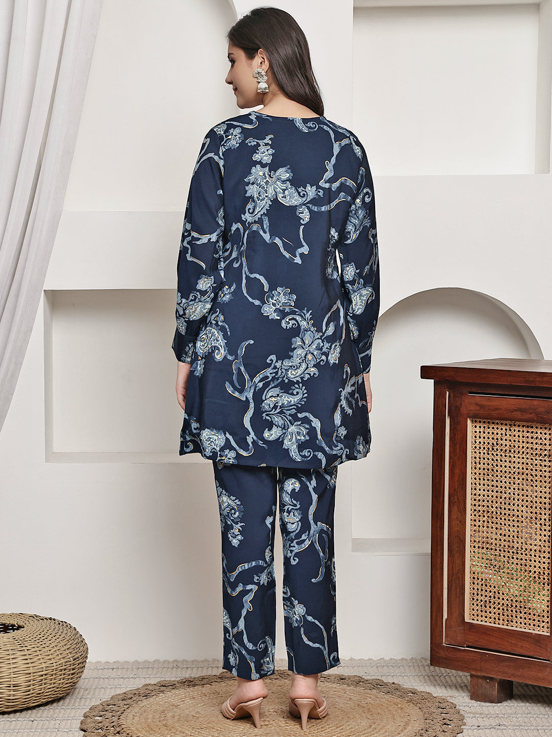 Navy Blue Floral Printed Premium Chanderi Co-Ord Set for Women