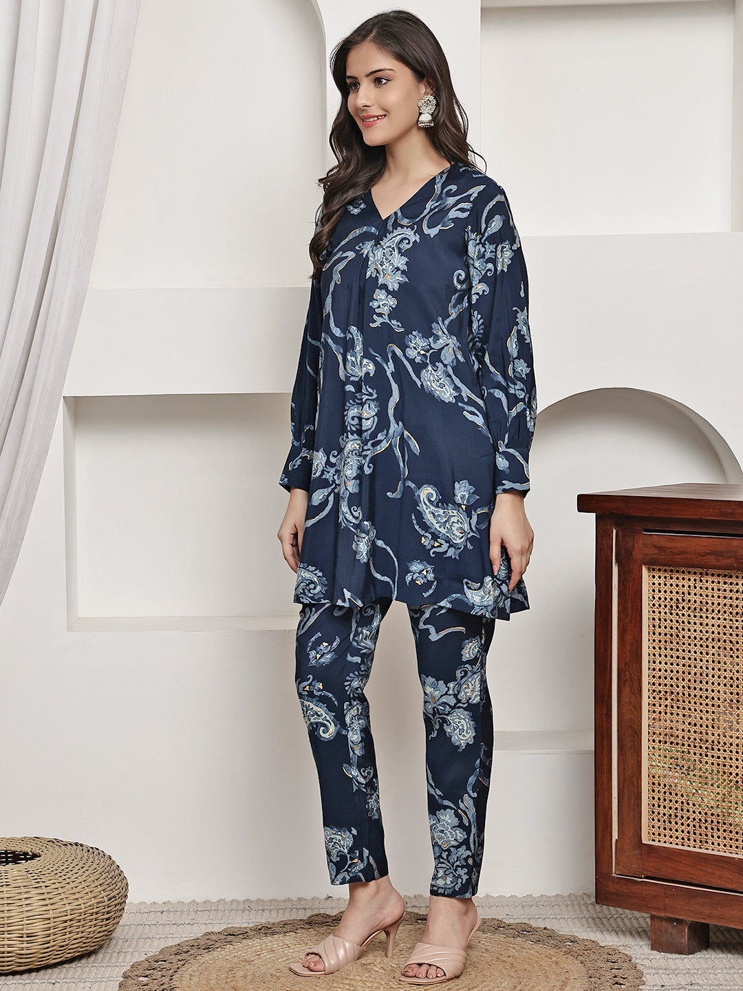 Navy Blue Floral Printed Premium Chanderi Co-Ord Set for Women