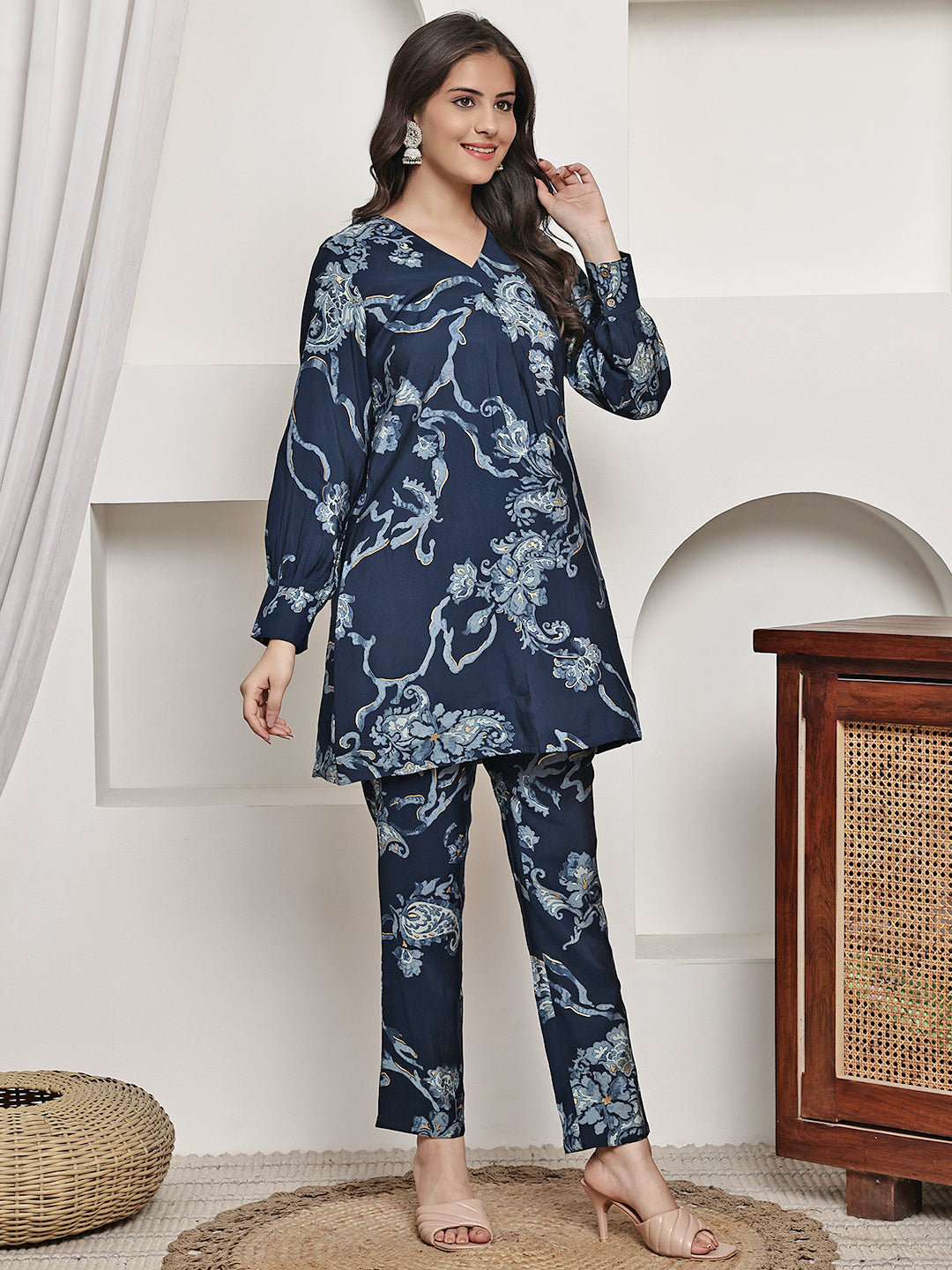Navy Blue Floral Printed Premium Chanderi Co-Ord Set for Women