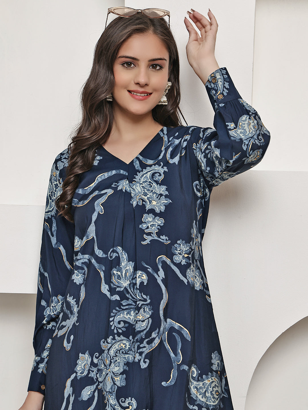 Navy Blue Floral Printed Premium Chanderi Co-Ord Set for Women