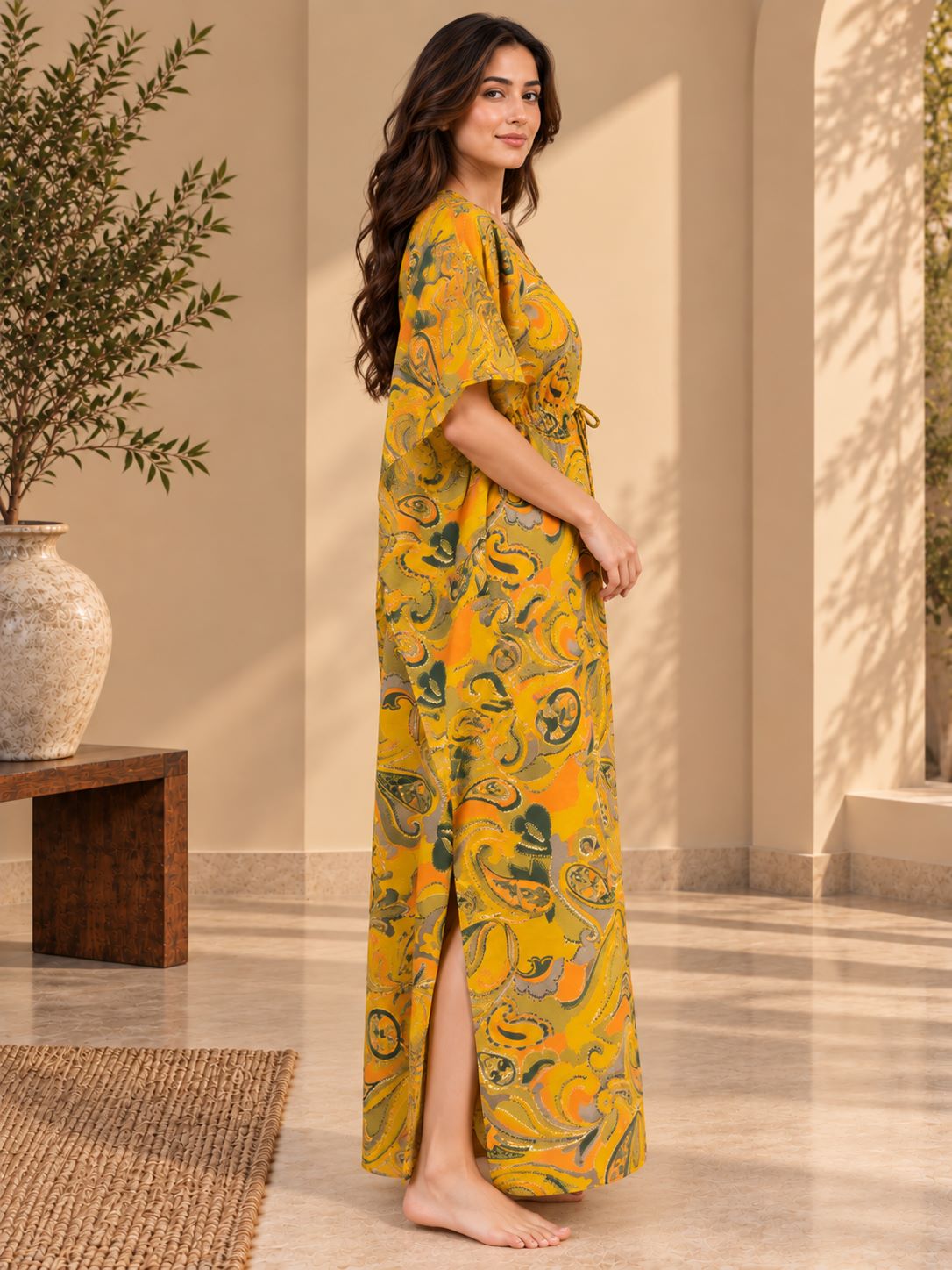 Yellow Printed V-Neck Relaxed Maxi Kaftan For Women | Claura