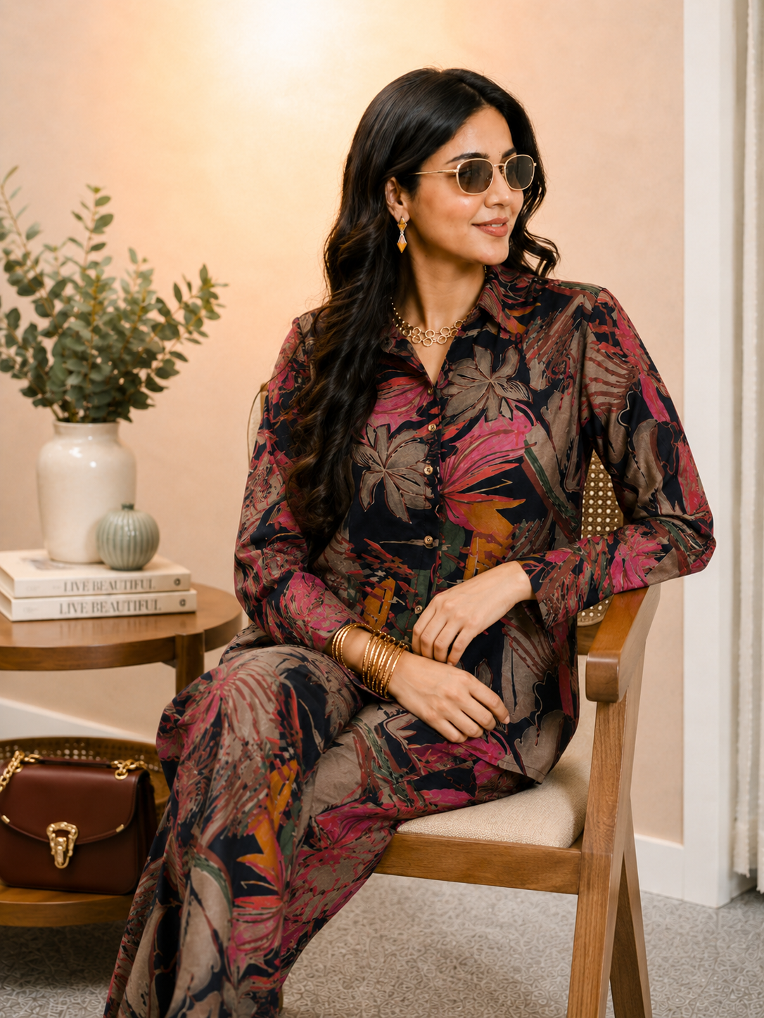 Navy Blue Floral Printed Chanderi Silk Co-Ord Set for Women | Claura