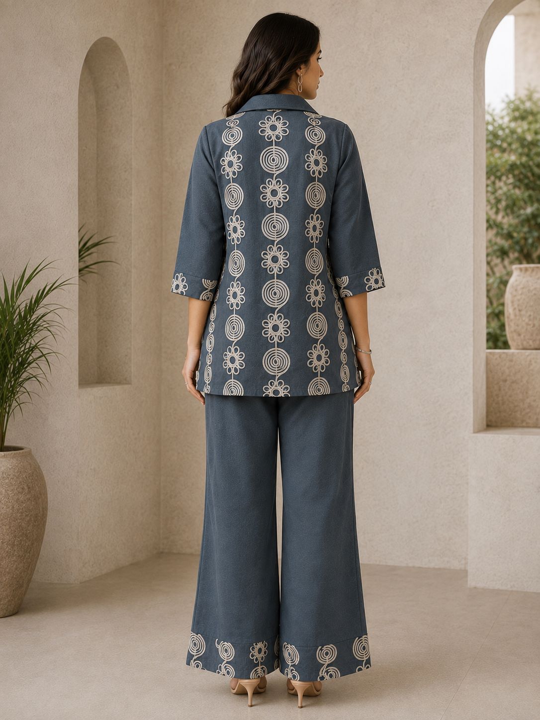 Grey Floral Embroidered Linen Tunic Set with Palazzos