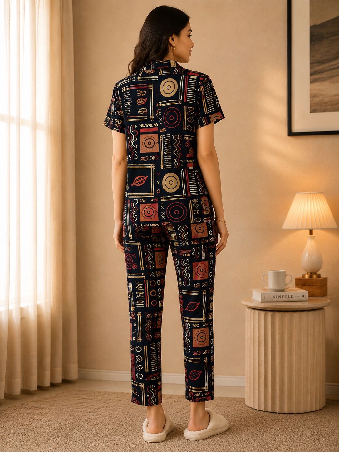 Black Abstract Art Printed Luxe Rayon Night Suit for Women | Claura