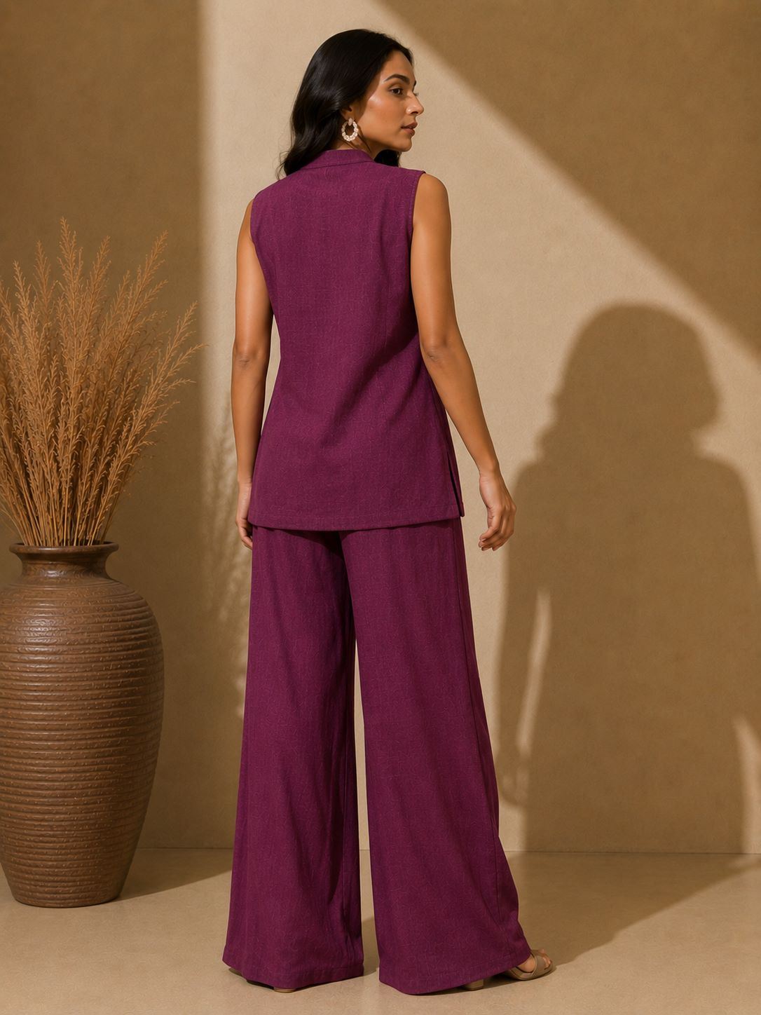 Purple Embroidered Sleeveless Linen Top & Palazzo Set | Claura