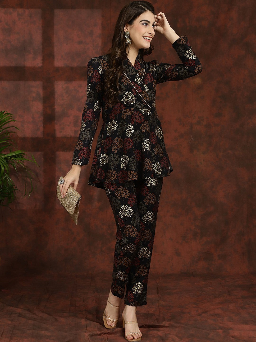 Black Ethnic Motifs Printed V-Neck Tunic with Flared Trouser Co-Ord Set for Women | Claura