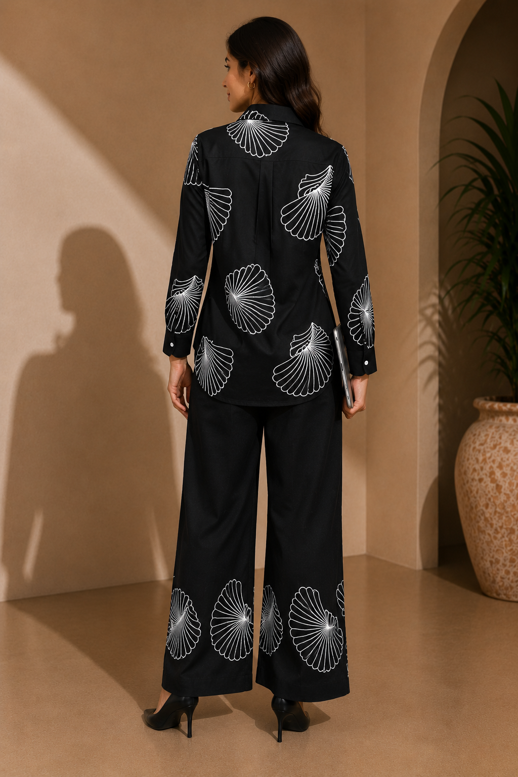 Black Embroidered co-ord set for women, shirt and pants, front angle