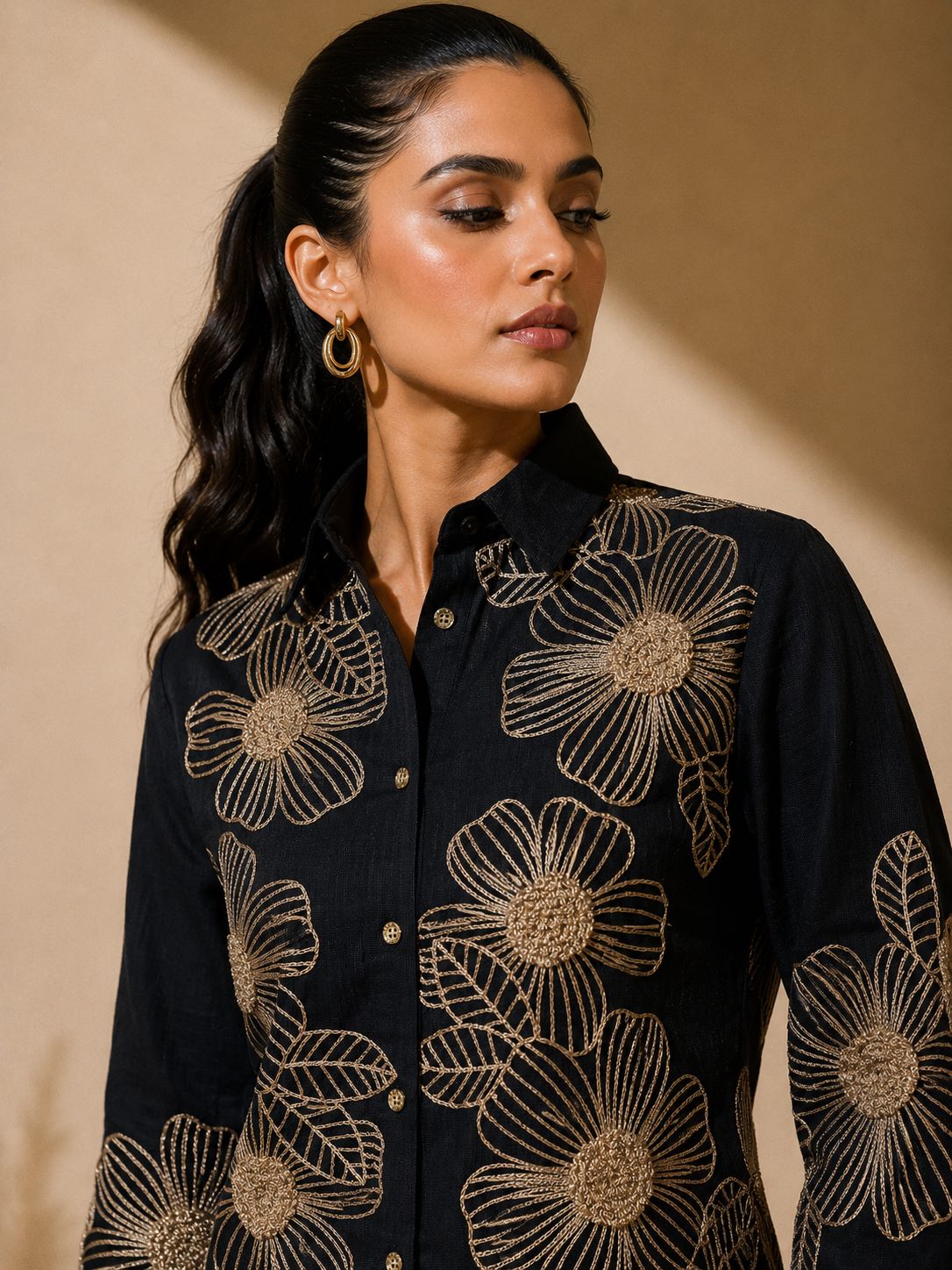 Black Embroidered Shirt Collar Co-ord Set | Claura