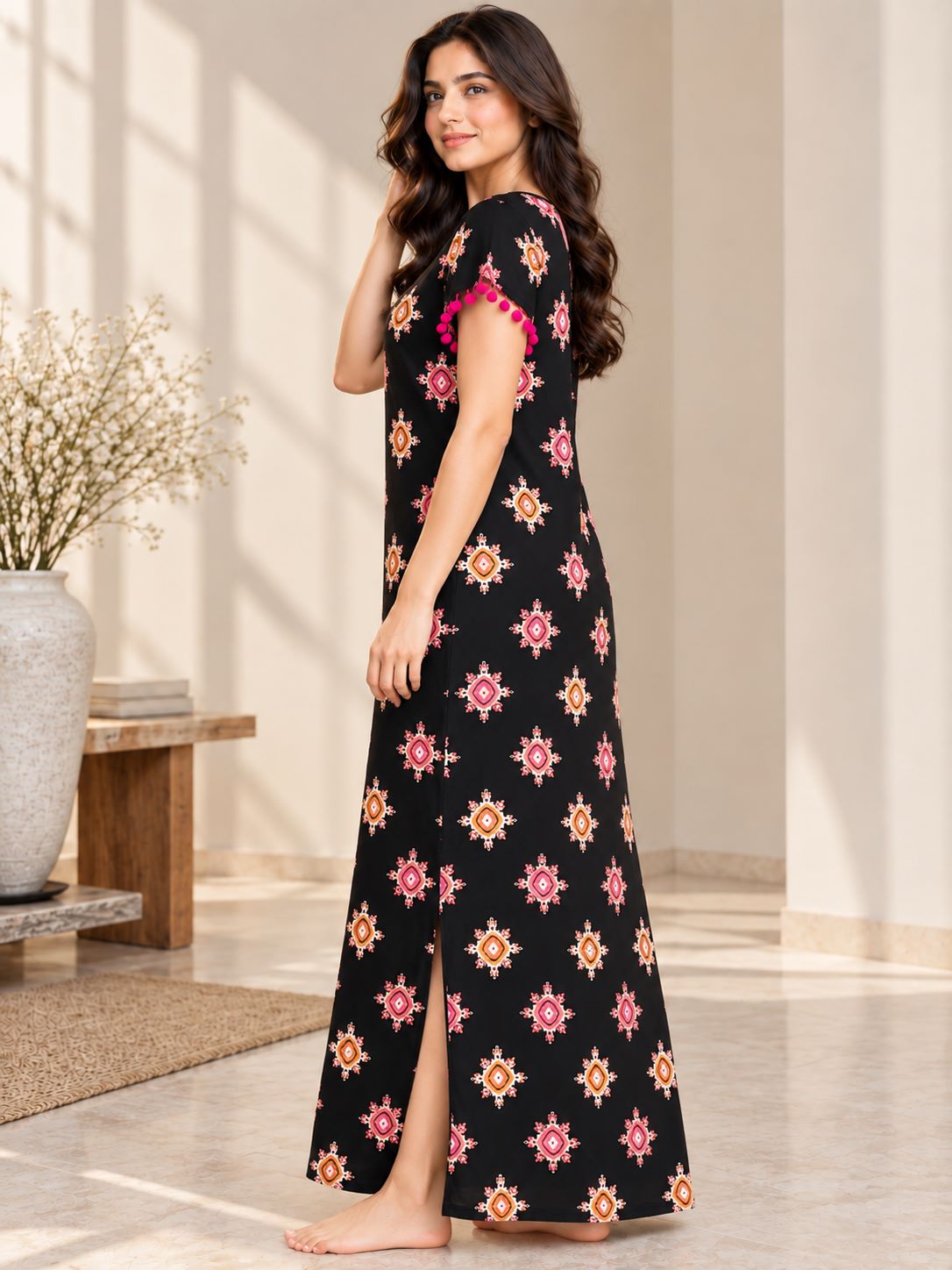Black Geometric Print Round Neck Maxi Nighty For Women | Claura
