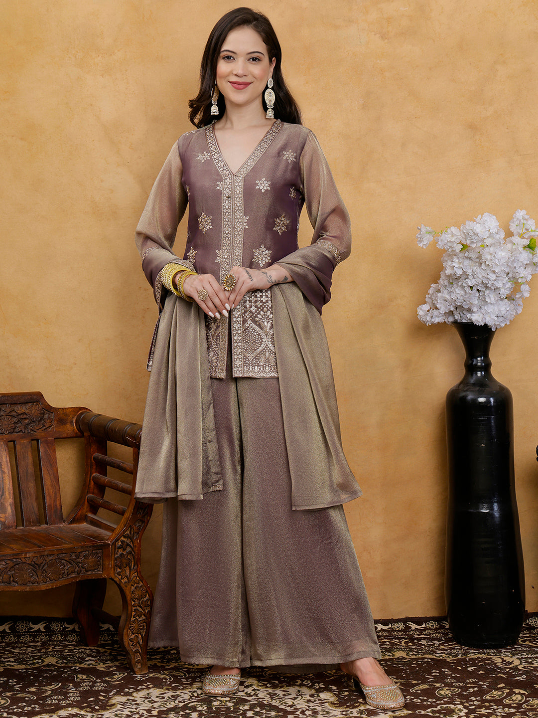 Purple Floral Elegance Silk Blend Suit Set with Dupatta