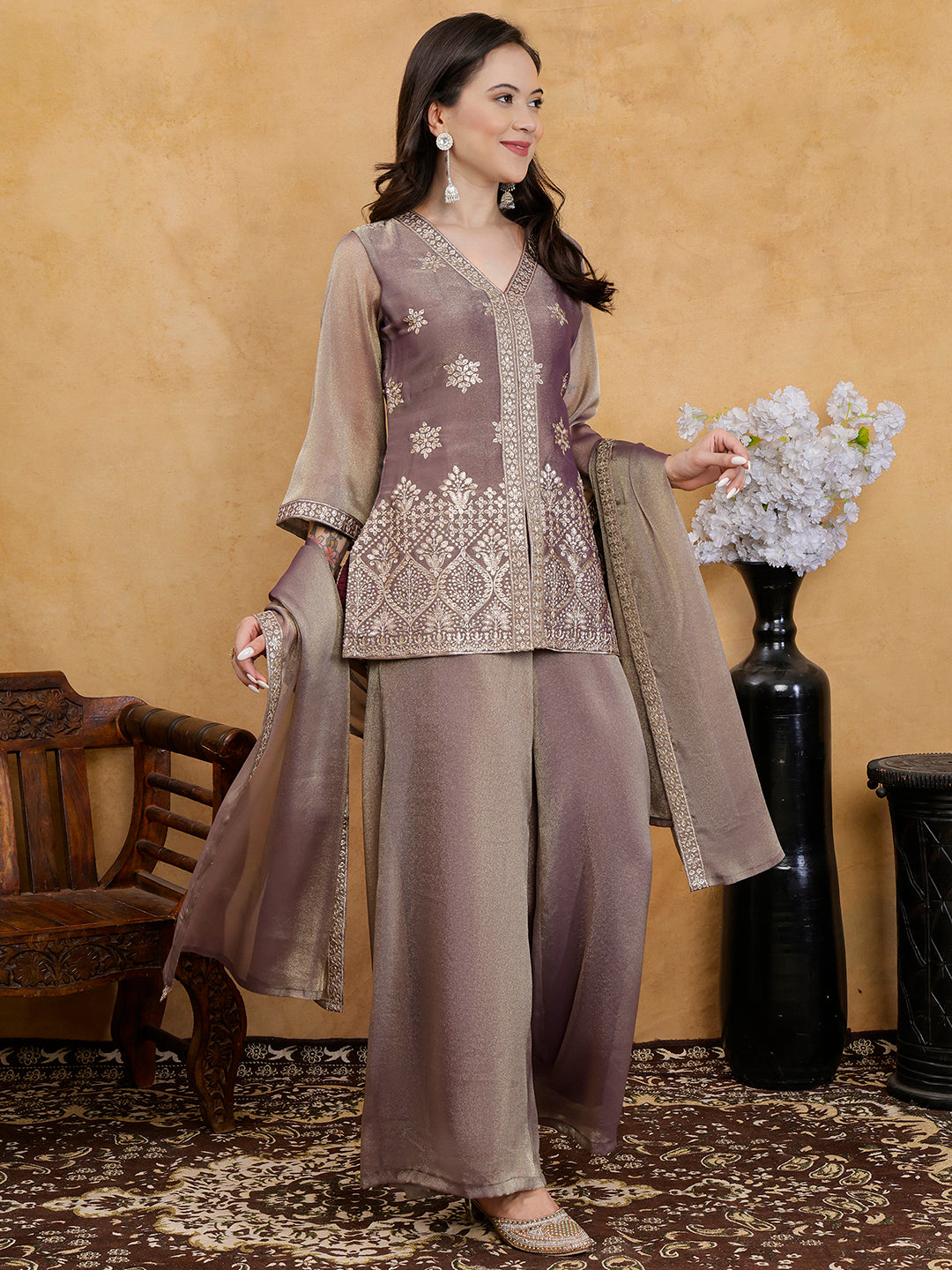 Purple Floral Elegance Silk Blend Suit Set with Dupatta