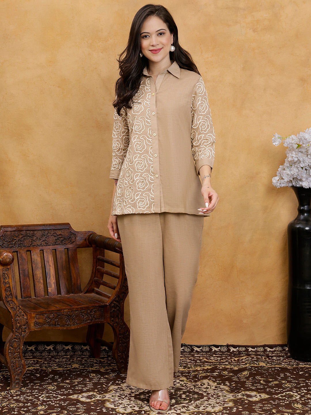 Cream Linen Embroidered Shirt with Solid Palazzos Co-Ord Set | Claura